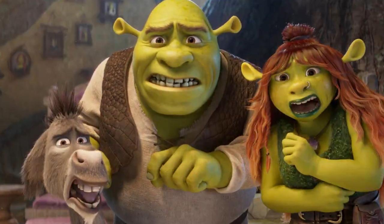 A still of Shrek, Donkey, and Shrek's daughter in a clip for Shrek 5