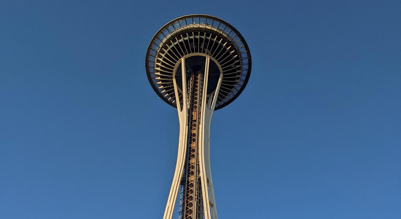 Photograph of the Space Needle from a low point of view during the day