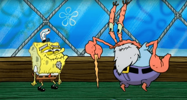 SpongeBob and Mr. Krabs as older versions of themselves.