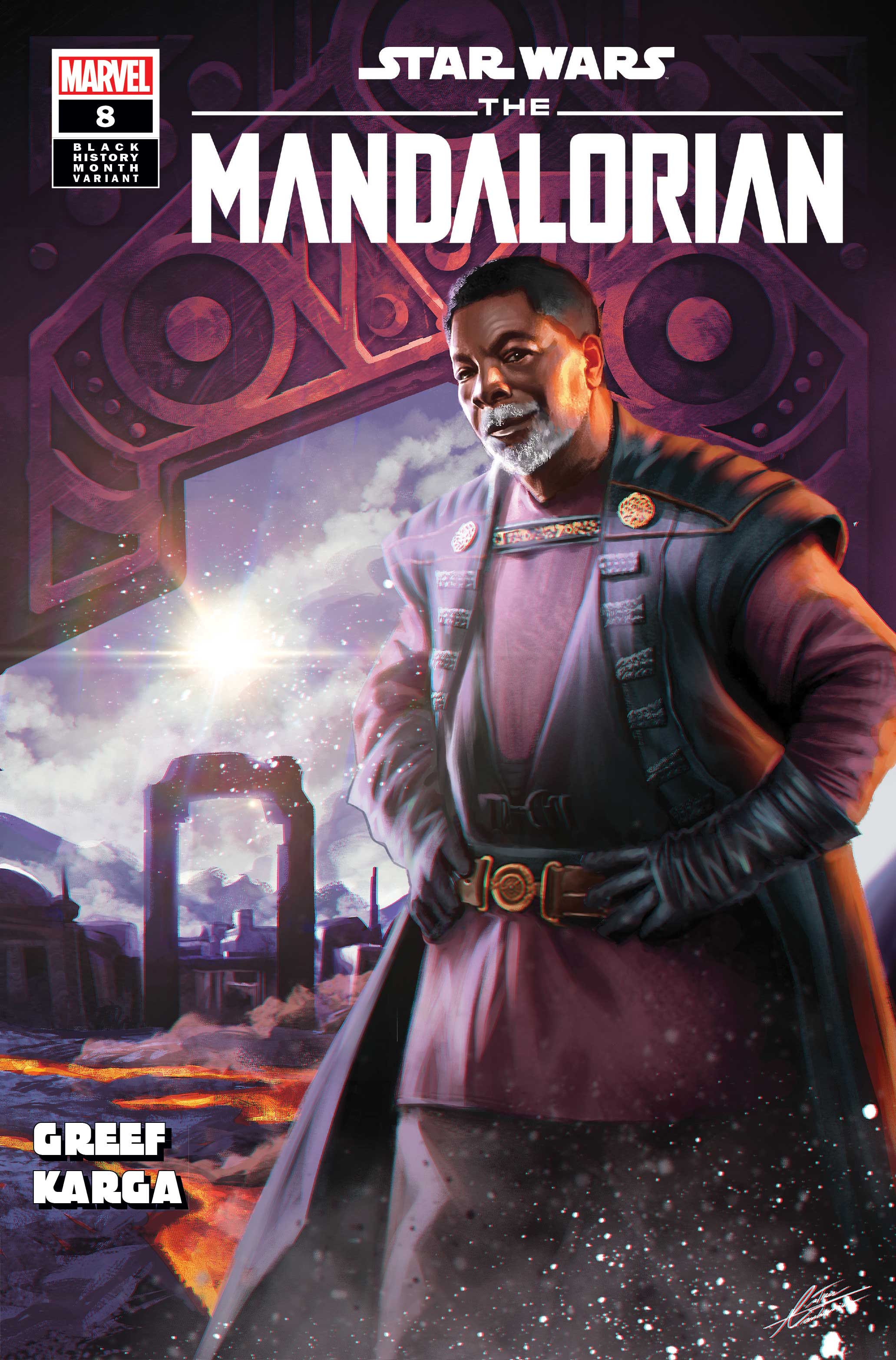 Comic cover for the Mandalorian featuring Greef Karga with his hands on his hips