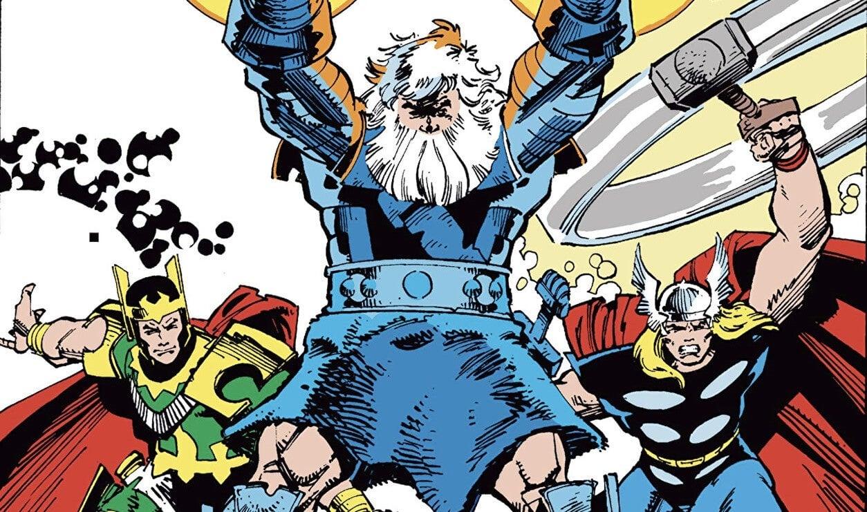 Cropped cover of Sutur Saga, featuring Loki, Odin, and Thor in fighting stances