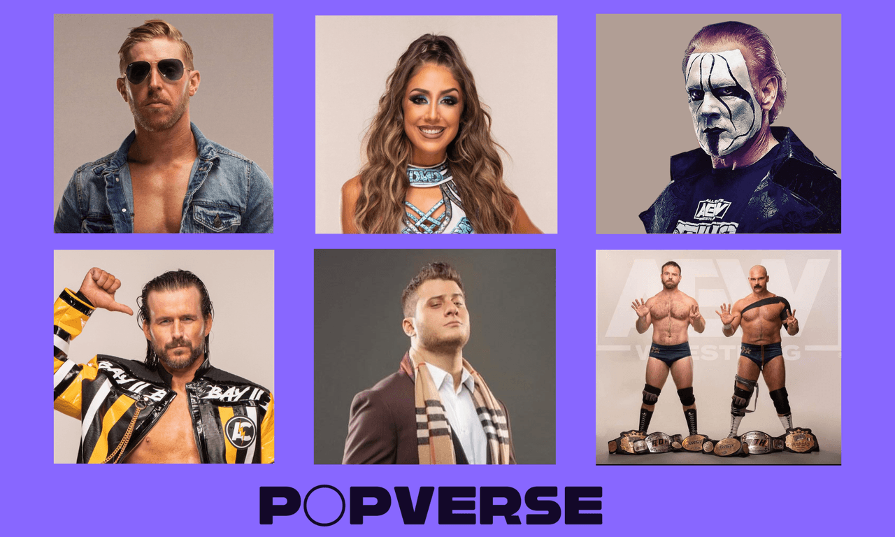 Collected headshots of AEW guest on Popverse background