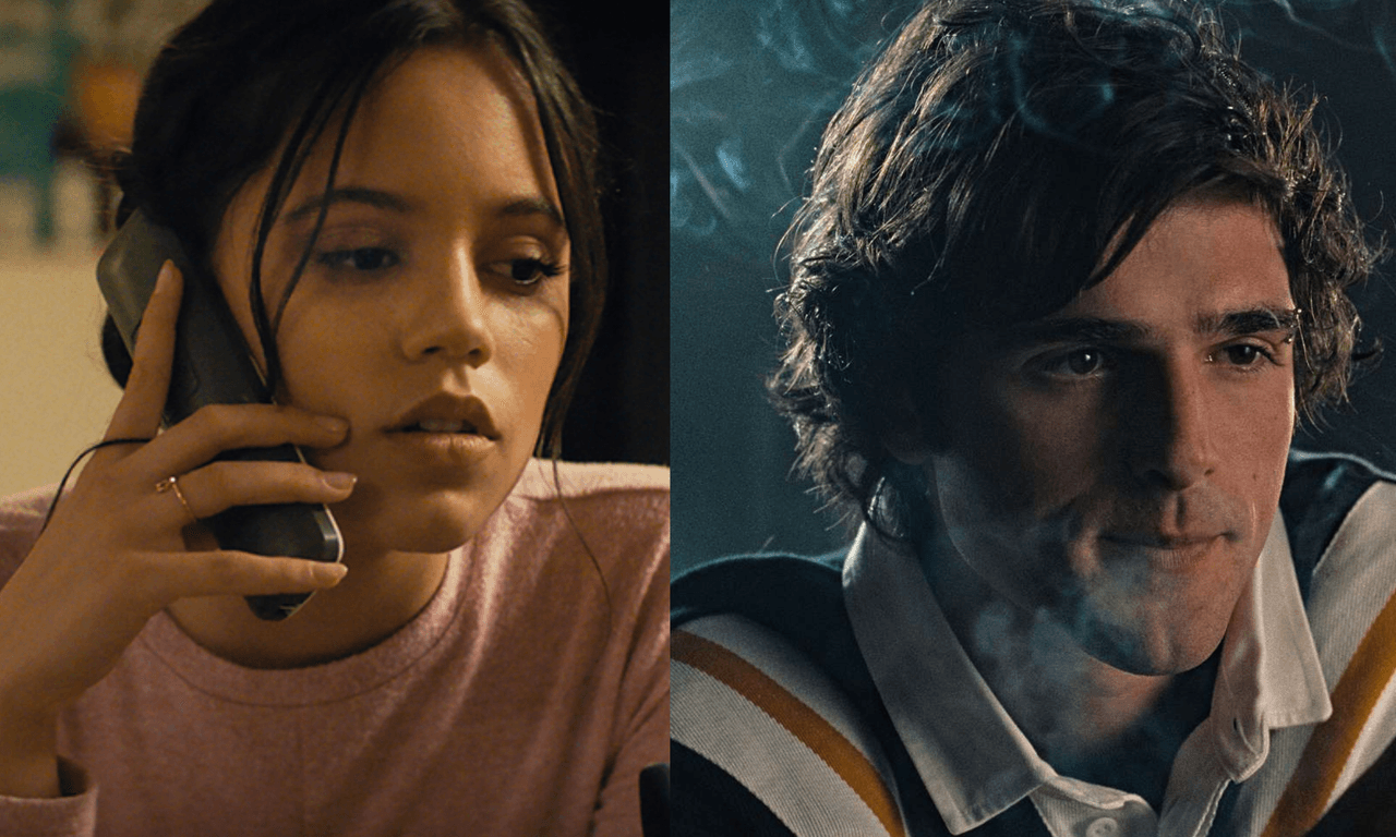 Cropped images of Jenna Ortega and Jacob Elordi from Scream and Saltburn