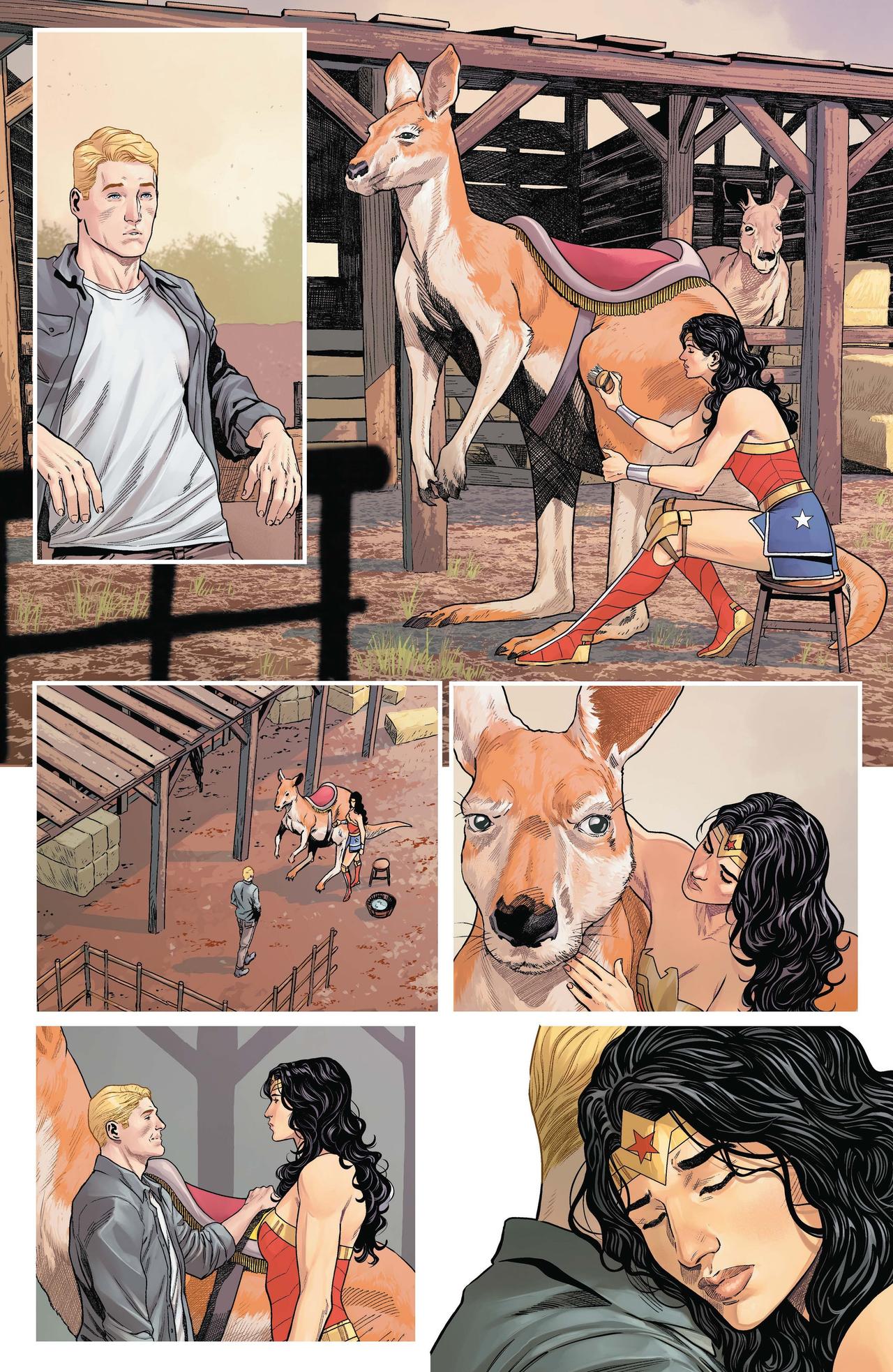 Steve Trevor watches Wonder Woman groom her kangaroo