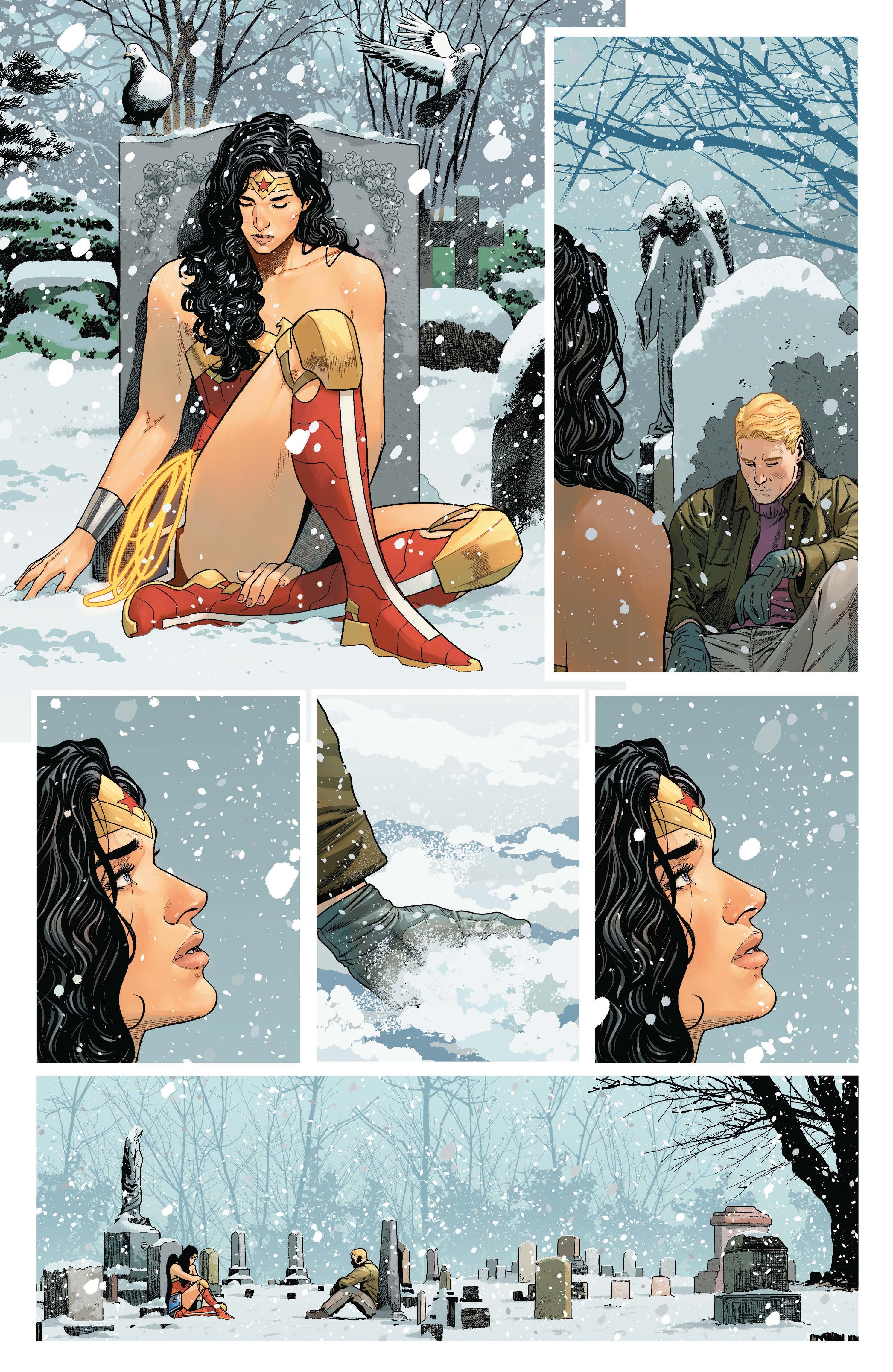 Wonder Woman sits in a snowy graveyard with Steve Trevor