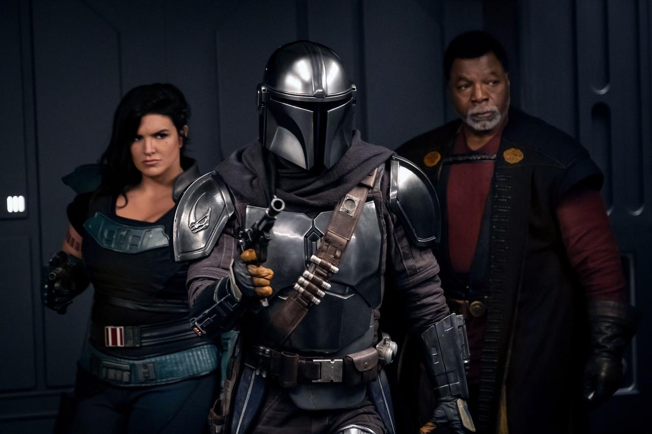 An image of Cara Dune, Din Djarin, and Greef Karga in The Mandalorian