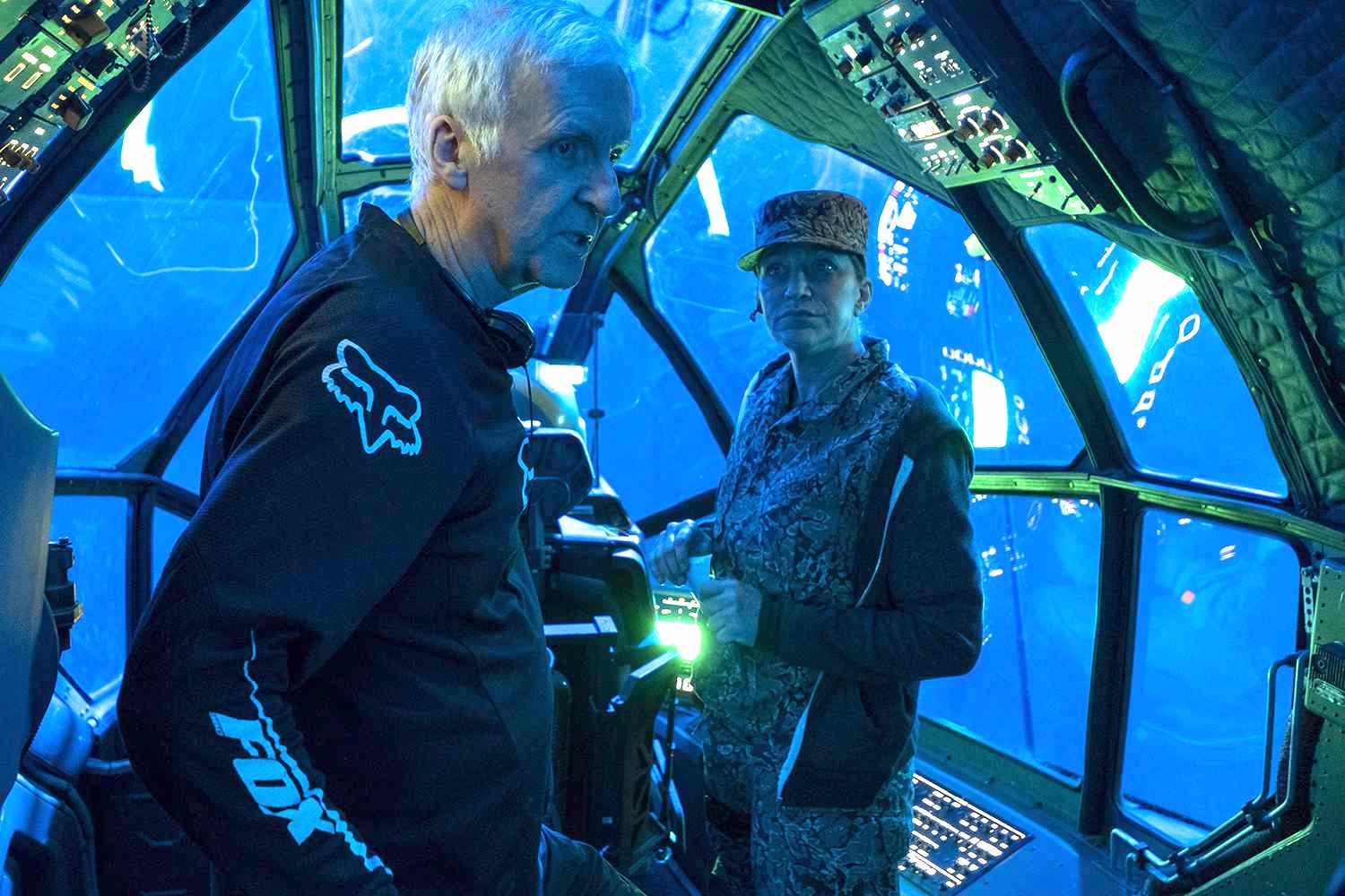 A behind-the-scenes image of James Cameron and Edie Falco on the set of Avatar: The Way of Water
